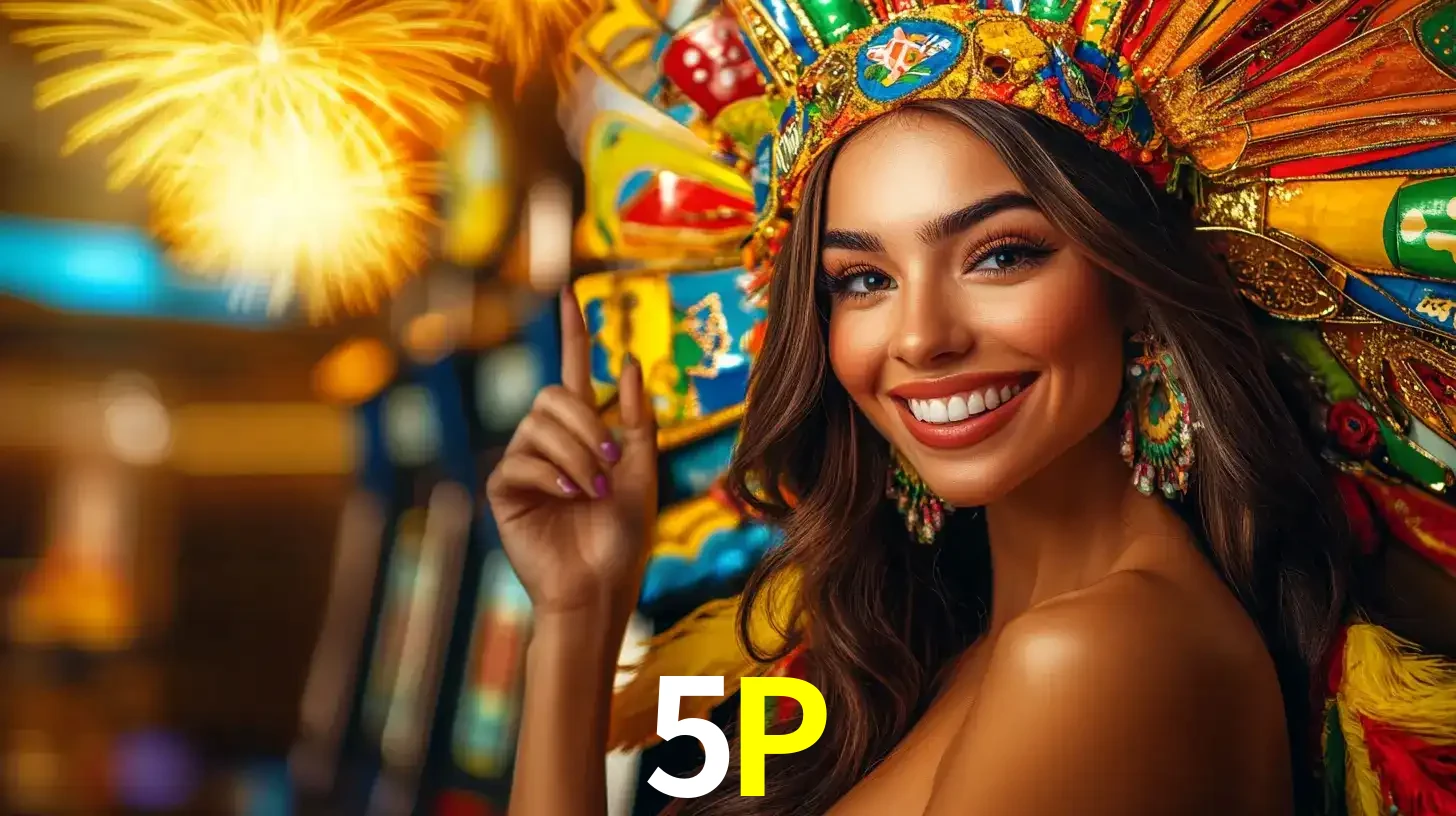 Mulher sorridente com um cocar de carnaval vibrante e colorido, celebrando uma grande vitória nos jogos do cassino 5P com fogos de artifício ao fundo.