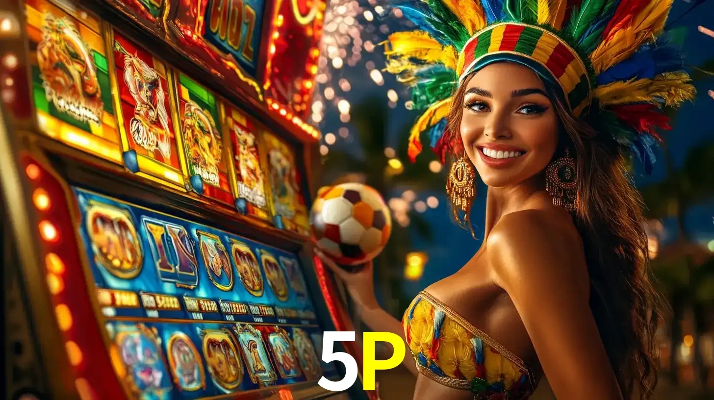 Mulher com um cocar de carnaval ao lado de uma máquina de caça-níqueis enquanto segura uma bola de futebol, mostrando a união da diversão de cassino e esportes no 5P.