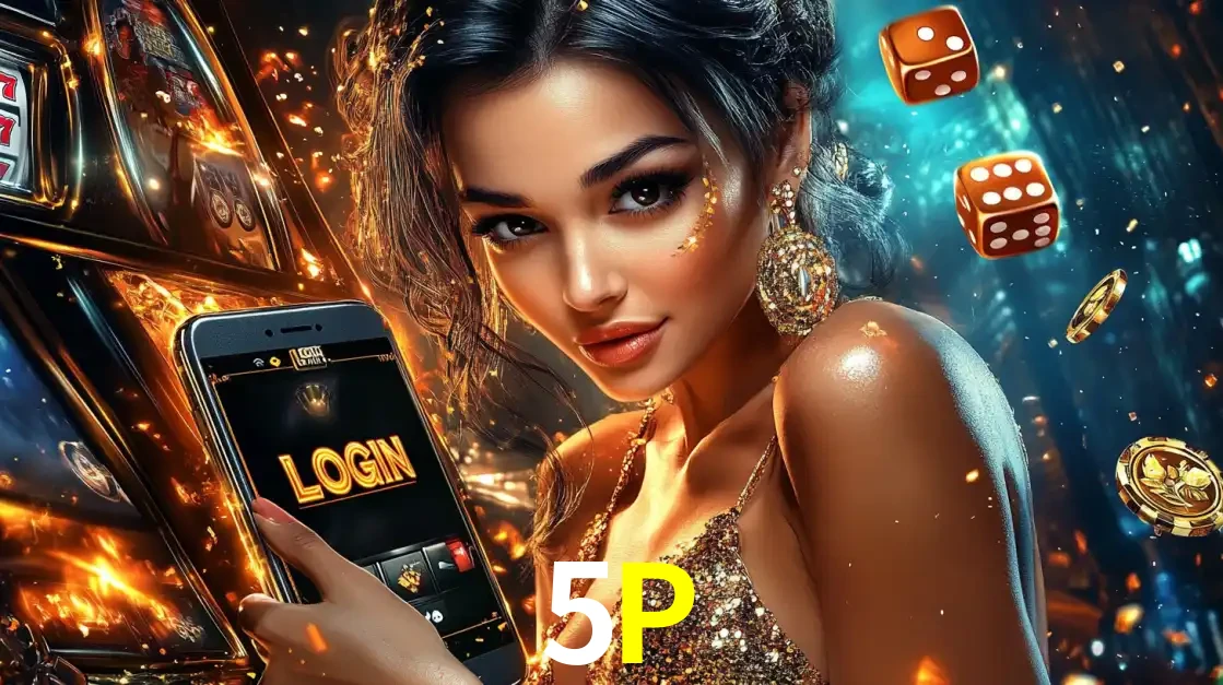 Mulher glamourosa segurando um celular com a tela de login do cassino 5P, rodeada por dados e moedas douradas, pronta para começar a diversão.