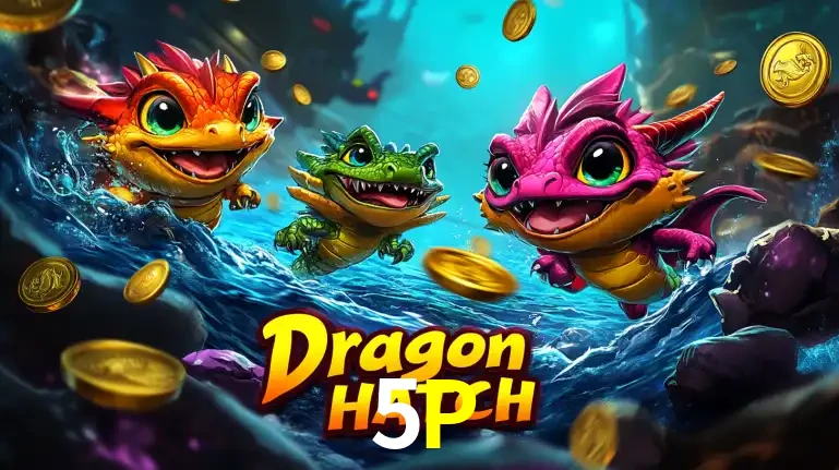 Arte promocional do jogo Dragon Hatch com três adoráveis dragões bebês nadando entre moedas de ouro, um dos slots mais divertidos para jogar no cassino 5P.