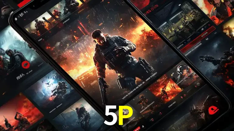 Tela de um celular exibindo uma galeria de jogos de tiro com temática militar, mostrando a variedade de e-sports disponíveis para apostas na plataforma de entretenimento 5P.