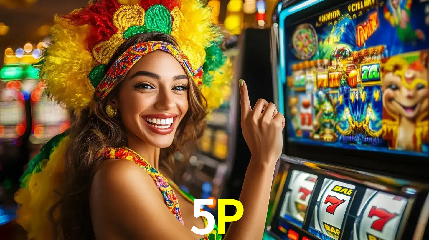 Mulher animada com um cocar de carnaval apontando para uma máquina de caça-níqueis, mostrando a emoção de ganhar um grande prêmio nos jogos do 5P.
