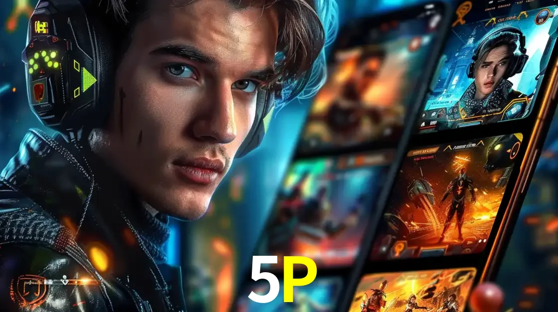 Jovem jogador com fones de ouvido olhando para a câmera, com um aplicativo de jogos e e-sports para celular ao fundo, pronto para a competição e apostas no 5P.