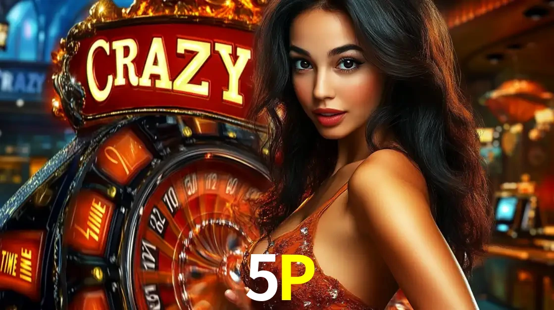 Mulher glamourosa olhando para a câmera com a roda vermelha do Crazy Time ao fundo em um ambiente de cassino, destacando a emoção dos jogos ao vivo no 5P.