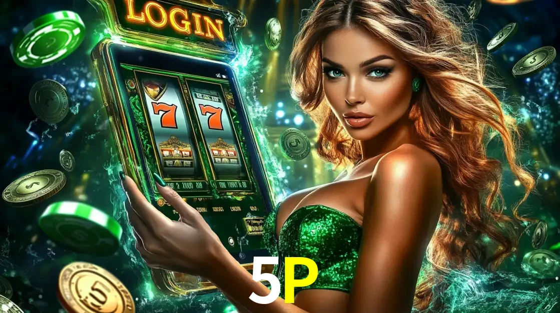 Mulher com tema verde apresentando o aplicativo do cassino 5P com um jogo de slot de 777, cercada por fichas de cassino e uma aura de sorte.