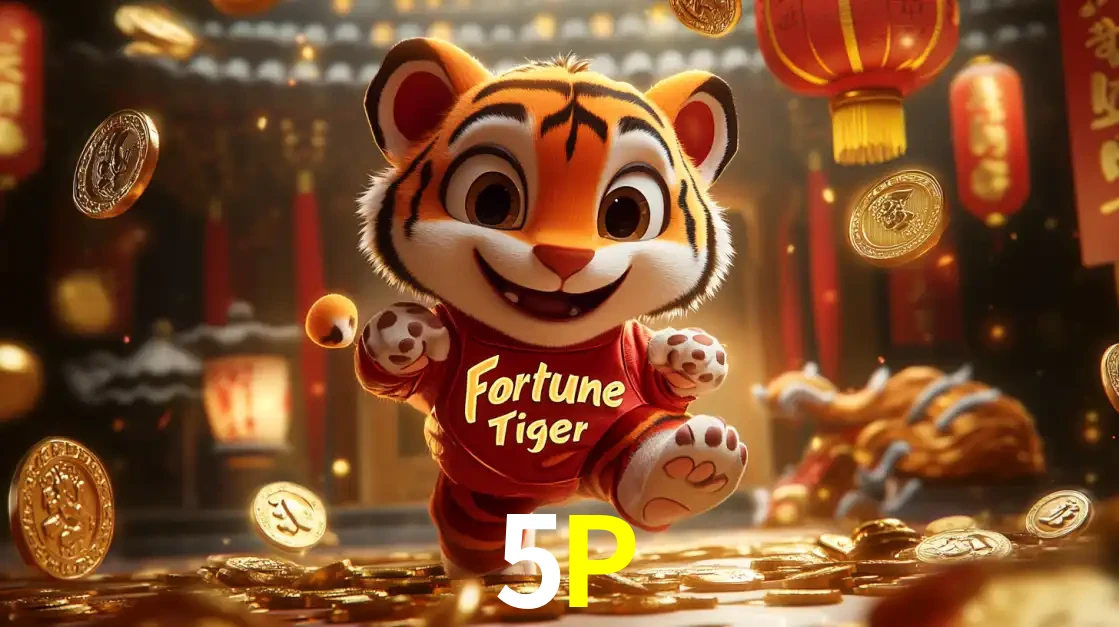 O alegre personagem do Fortune Tiger correndo sobre um caminho de moedas de ouro, simbolizando os grandes prêmios e a diversão do popular jogo de slot do 5P.