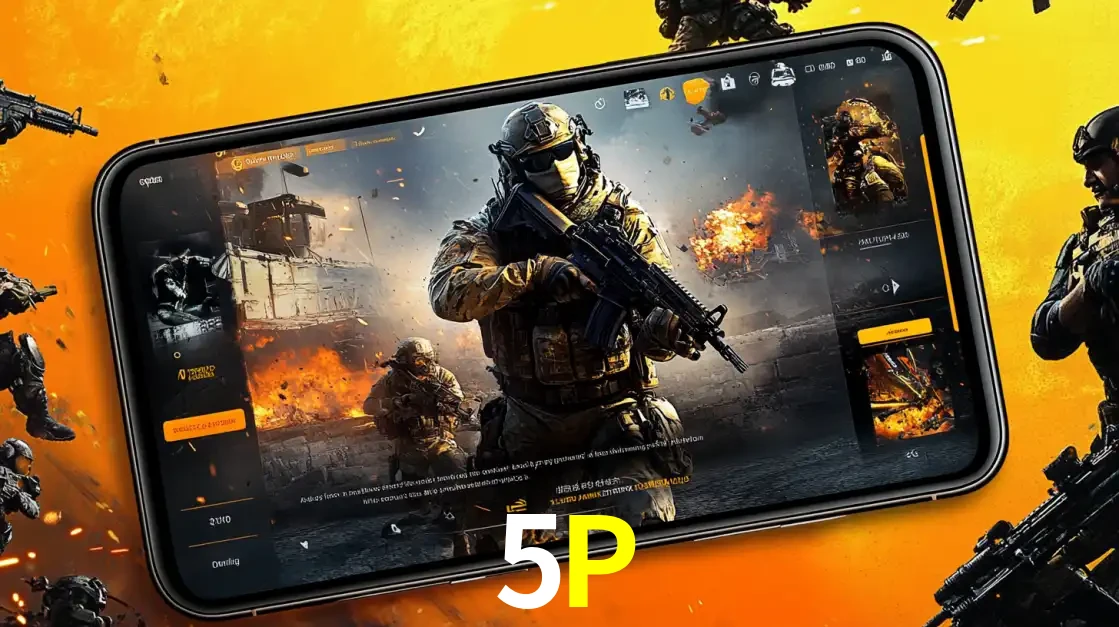 Um smartphone exibindo a interface de um jogo de tiro em primeira pessoa, com um soldado em um cenário de batalha, representando a ação dos e-sports para apostar no 5P.
