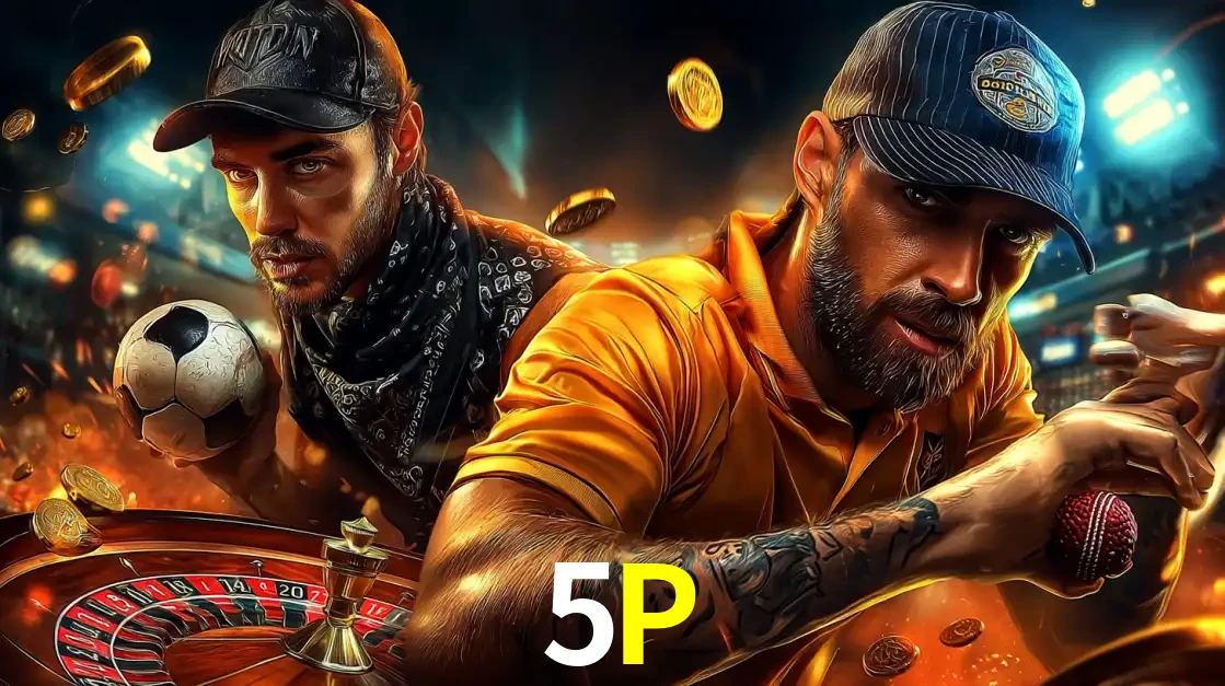 Montagem de apostas esportivas e cassino no 5P, com um homem segurando uma bola de futebol e outro uma de beisebol sobre uma roleta e moedas voadoras.