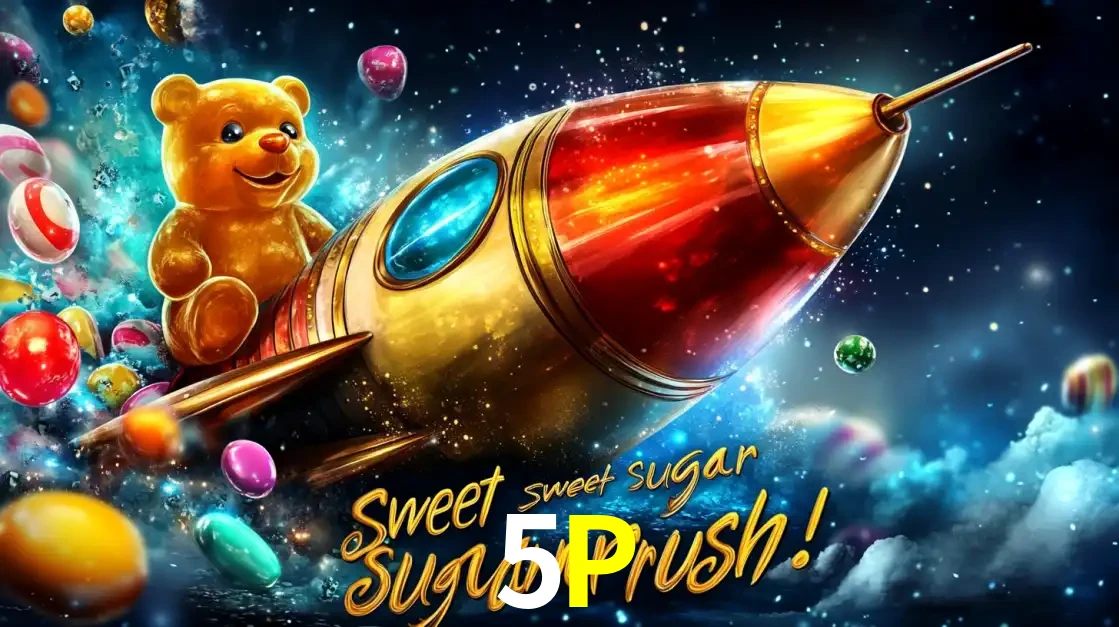 Arte promocional do jogo de slot Sugar Rush, com um urso de pelúcia em um foguete viajando pelo espaço de doces, um dos jogos divertidos disponíveis no cassino 5P.