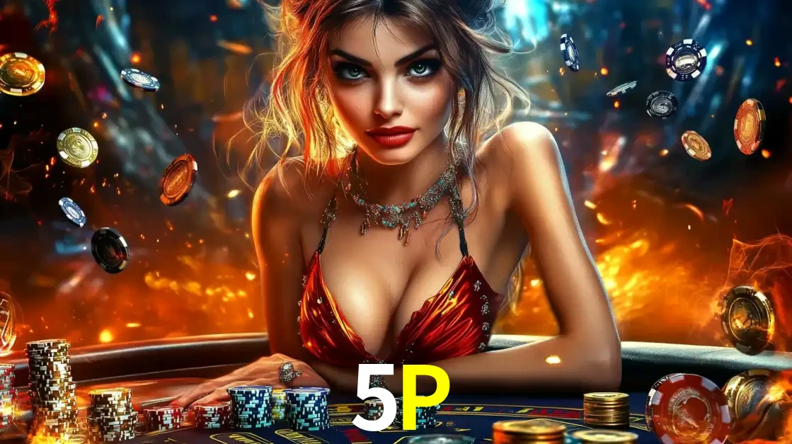 Mulher em uma mesa de cassino com pilhas de fichas e um fundo de fogo, pronta para uma rodada de altas apostas nos jogos de mesa emocionantes do cassino 5P.