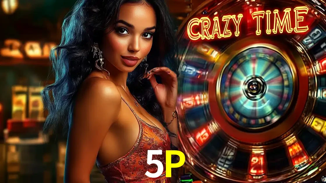 Mulher elegante ao lado da vibrante roda da fortuna do jogo de cassino ao vivo Crazy Time, um dos game shows mais populares e cheios de prêmios do 5P.