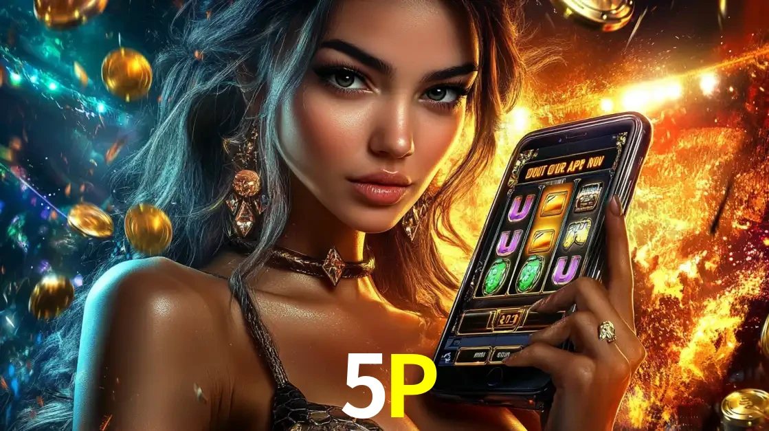 Mulher elegante mostrando um jogo de caça-níqueis em seu smartphone, destacando a experiência de cassino móvel oferecida pelo aplicativo 5P.