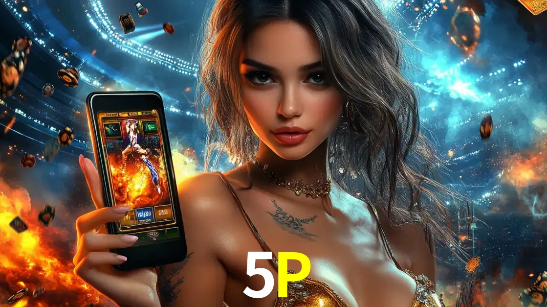 Mulher segurando um celular com um jogo de slot em destaque, tendo como fundo um estádio vibrante, simbolizando a emoção de jogar no cassino móvel 5P.