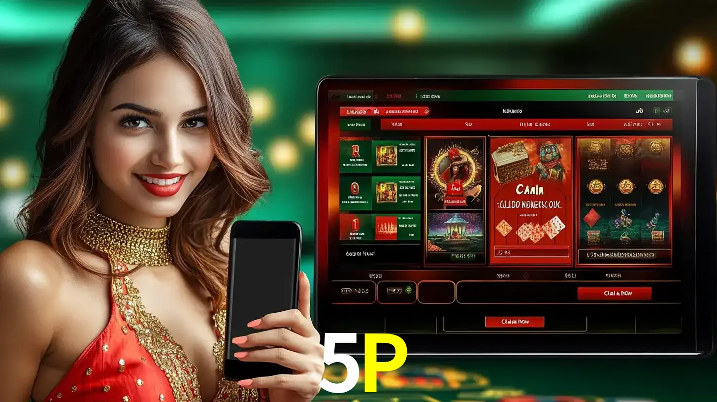 Mulher sorridente segurando um smartphone, ao lado de uma tela exibindo o lobby de jogos do cassino online 5P, com várias opções de jogos de cartas e slots.
